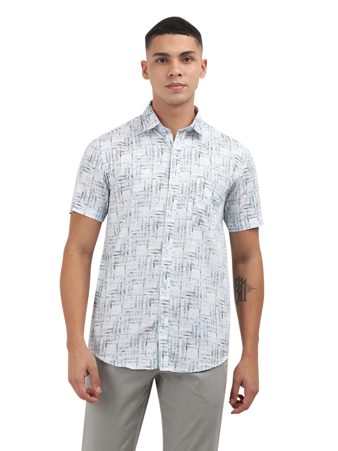 Model wearing Clarke Gable's Light Blue Printed Semi Casual Shirt in a casual setting