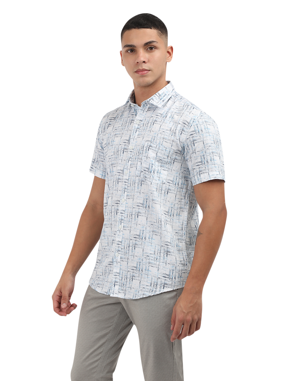 Model wearing Clarke Gable's Light Blue Printed Semi Casual Shirt in a casual setting
