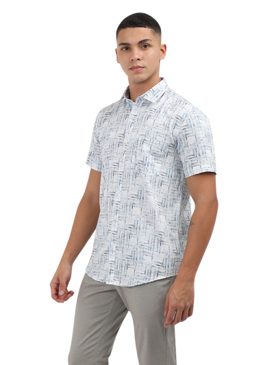 Model wearing Clarke Gable's Light Blue Printed Semi Casual Shirt in a casual setting