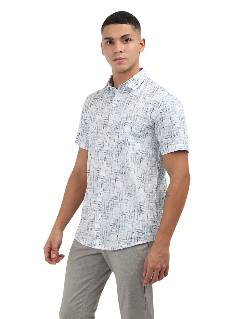 Model wearing Clarke Gable's Light Blue Printed Semi Casual Shirt in a casual setting