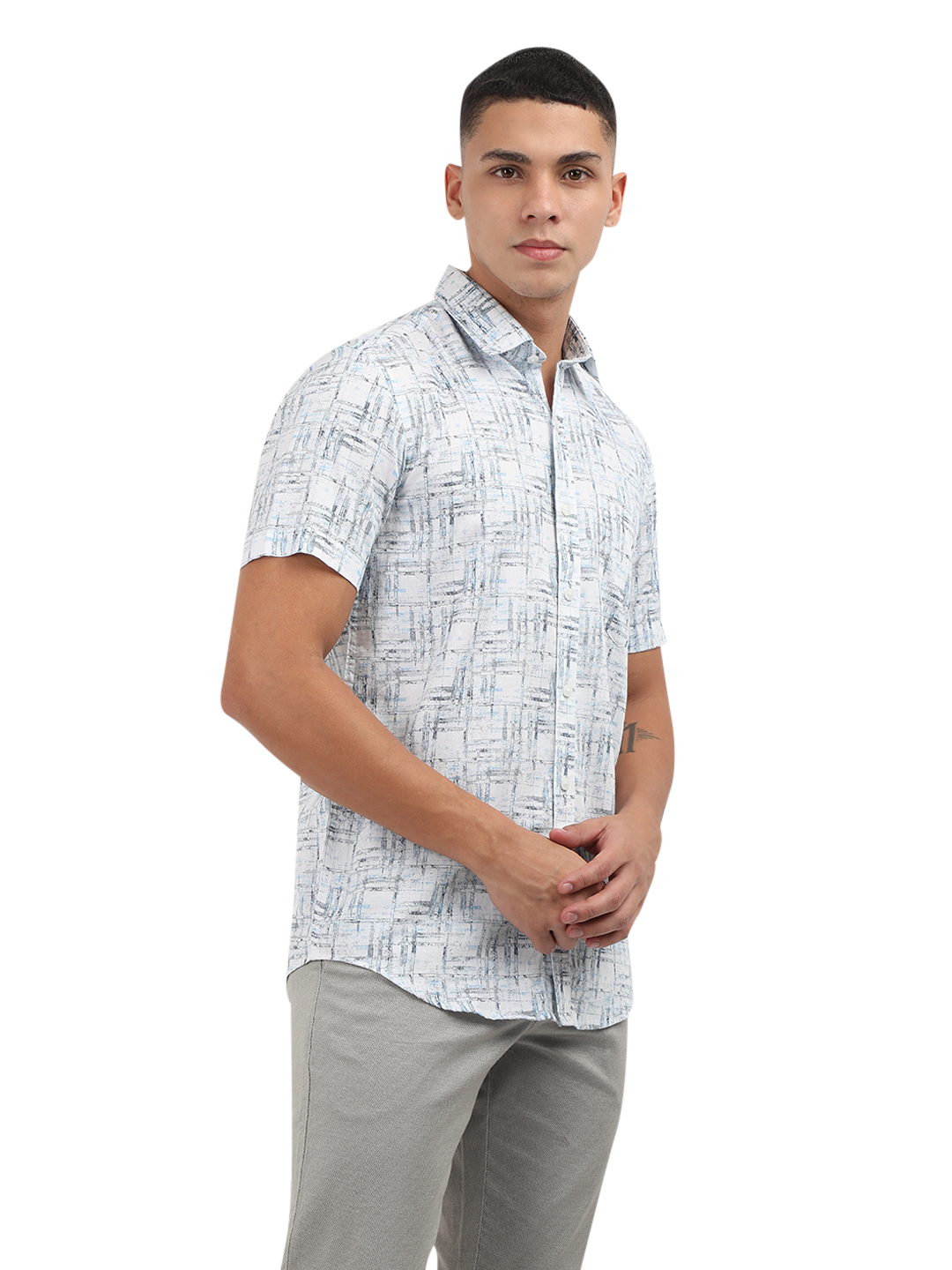 Model wearing Clarke Gable's Light Blue Printed Semi Casual Shirt in a casual setting
