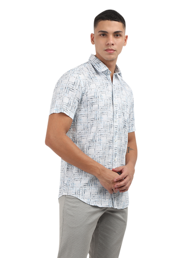 Model wearing Clarke Gable's Light Blue Printed Semi Casual Shirt in a casual setting