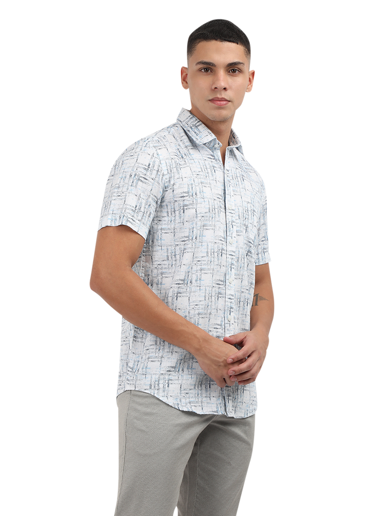 Model wearing Clarke Gable's Light Blue Printed Semi Casual Shirt in a casual setting