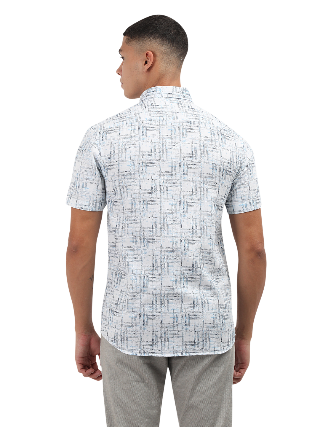 Model wearing Clarke Gable's Light Blue Printed Semi Casual Shirt in a casual setting