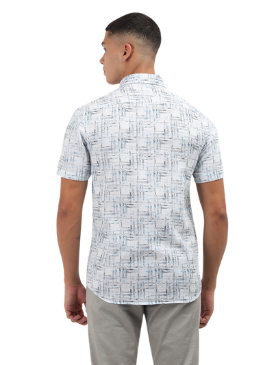 Model wearing Clarke Gable's Light Blue Printed Semi Casual Shirt in a casual setting