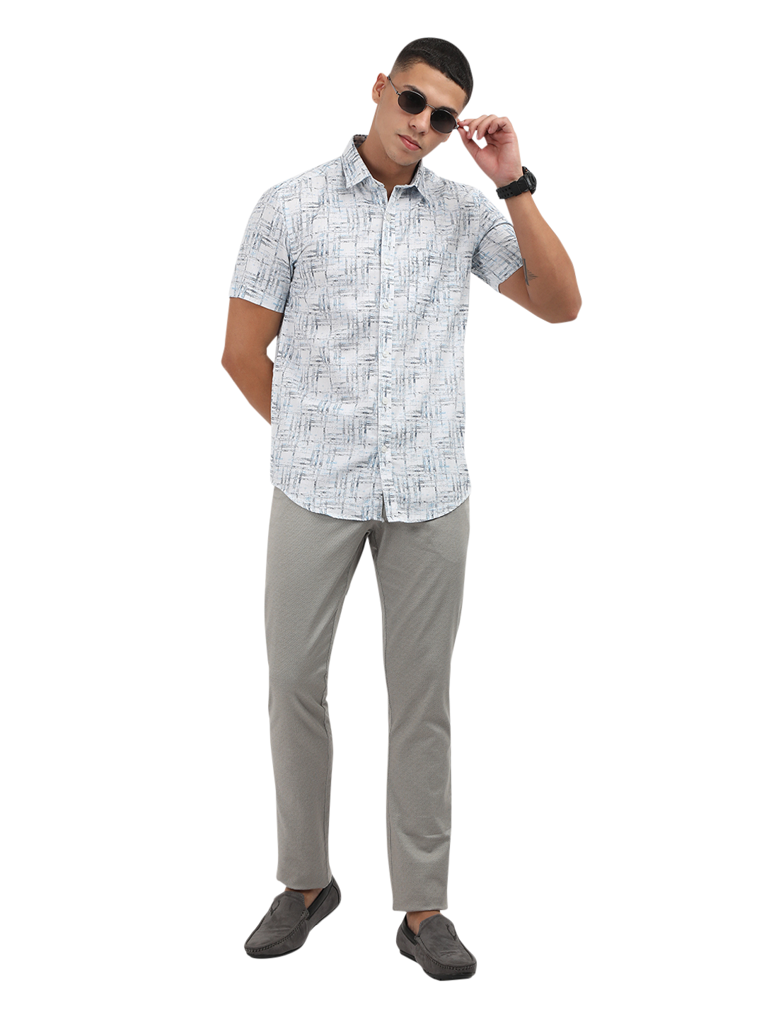 Model wearing Clarke Gable's Light Blue Printed Semi Casual Shirt in a casual setting