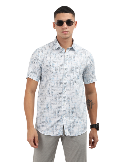 Model wearing Clarke Gable's Light Blue Printed Semi Casual Shirt in a casual setting