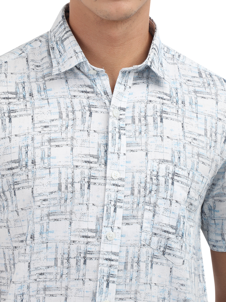 Model wearing Clarke Gable's Light Blue Printed Semi Casual Shirt in a casual setting