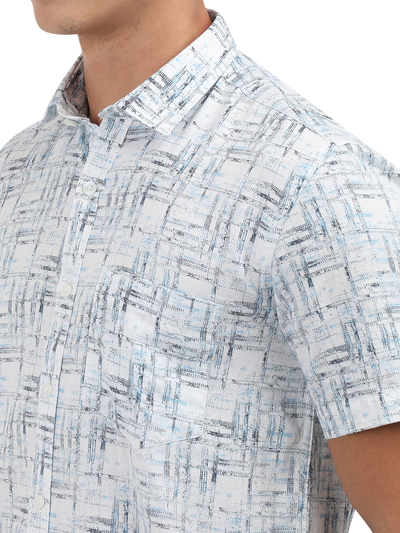 Model wearing Clarke Gable's Light Blue Printed Semi Casual Shirt in a casual setting