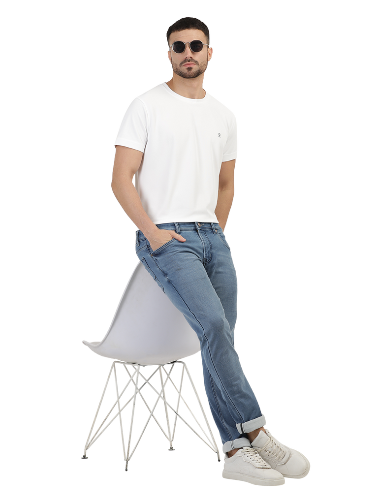 Model wearing Clarke Gable's Light Blue Skinny Fit Jeans in a casual setting