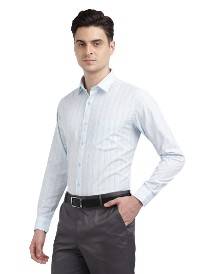 Model wearing Clarke Gable's Light Blue Striped Formal Shirt in a casual setting