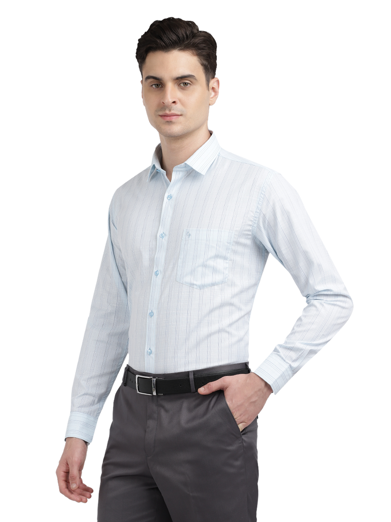 Model wearing Clarke Gable's Light Blue Striped Formal Shirt in a casual setting