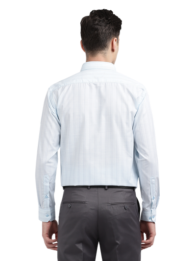 Model wearing Clarke Gable's Light Blue Striped Formal Shirt in a casual setting