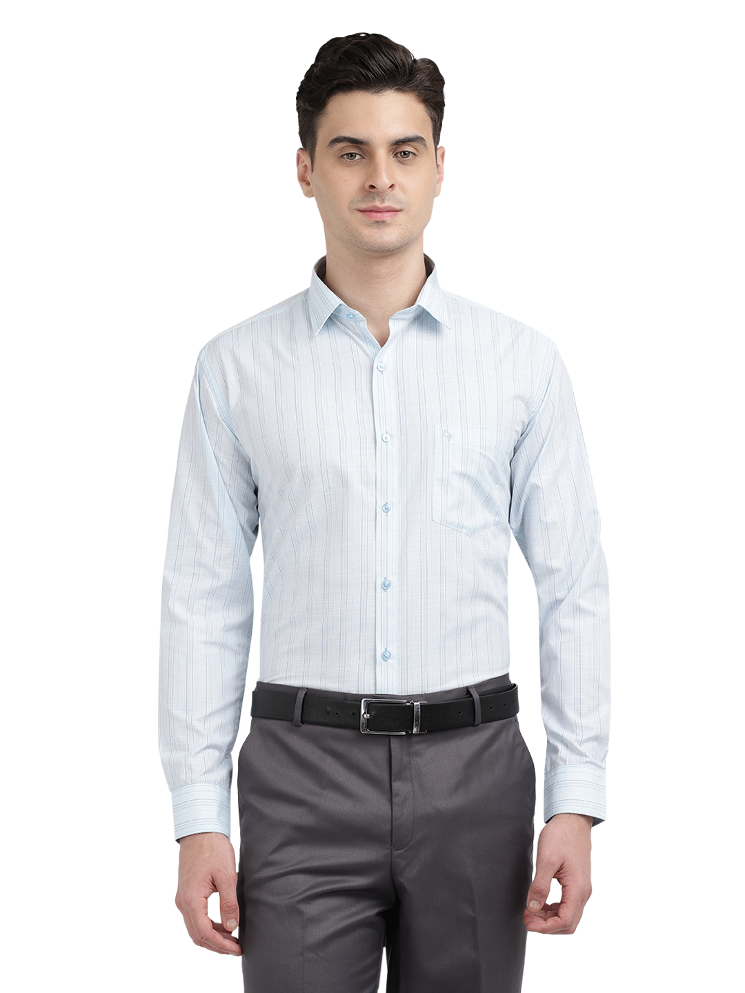 Model wearing Clarke Gable's Light Blue Striped Formal Shirt in a casual setting