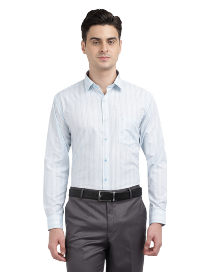 Model wearing Clarke Gable's Light Blue Striped Formal Shirt in a casual setting