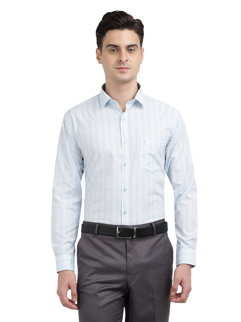 Model wearing Clarke Gable's Light Blue Striped Formal Shirt in a casual setting