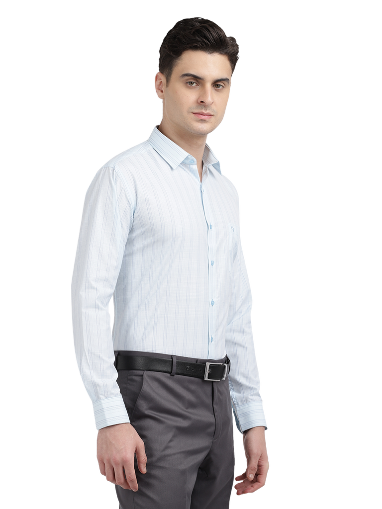 Model wearing Clarke Gable's Light Blue Striped Formal Shirt in a casual setting