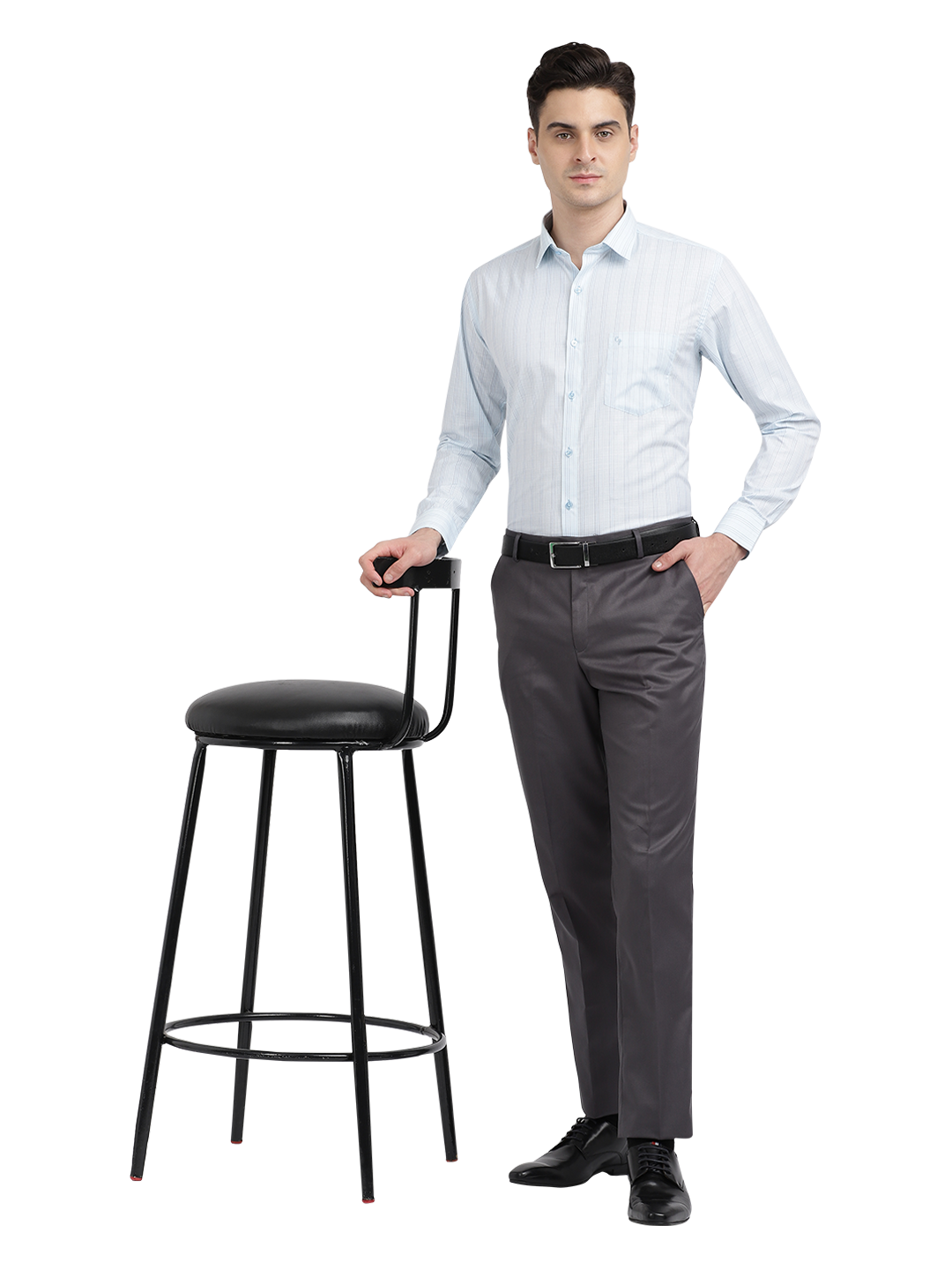 Model wearing Clarke Gable's Light Blue Striped Formal Shirt in a casual setting