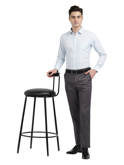 Model wearing Clarke Gable's Light Blue Striped Formal Shirt in a casual setting