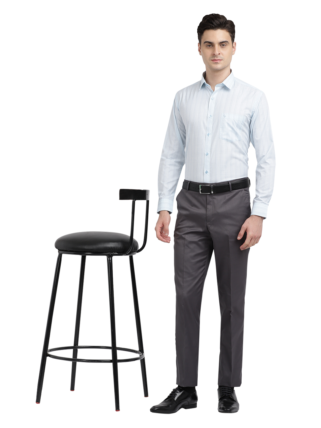 Model wearing Clarke Gable's Light Blue Striped Formal Shirt in a casual setting