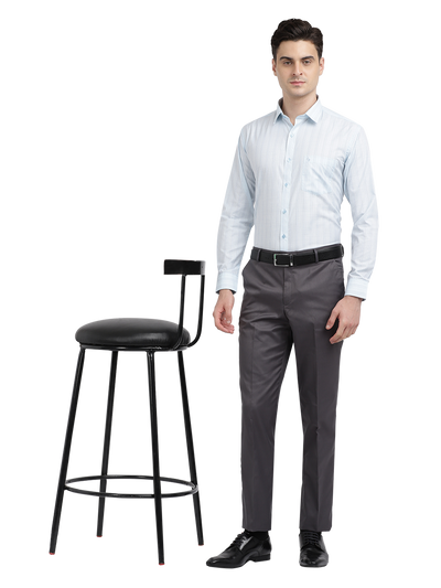 Model wearing Clarke Gable's Light Blue Striped Formal Shirt in a casual setting