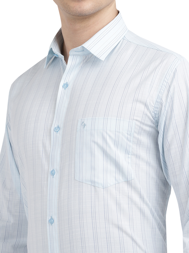 Model wearing Clarke Gable's Light Blue Striped Formal Shirt in a casual setting