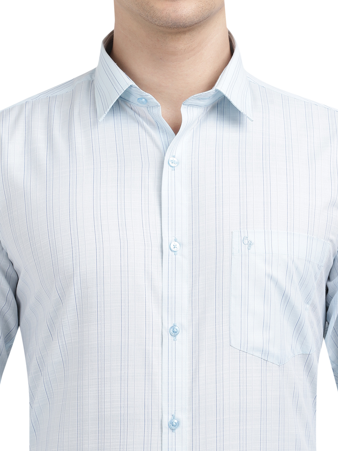 Model wearing Clarke Gable's Light Blue Striped Formal Shirt in a casual setting