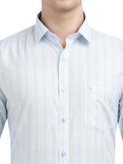 Model wearing Clarke Gable's Light Blue Striped Formal Shirt in a casual setting