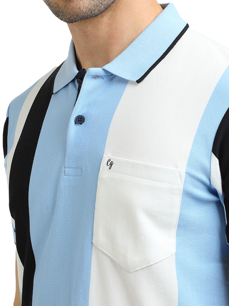 Model wearing Clarke Gable's Light Blue Striped Polo Collar T-Shirt in a casual setting