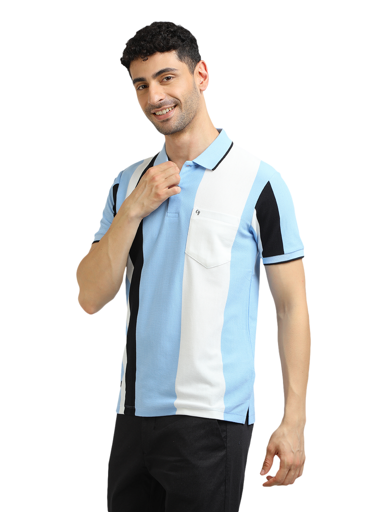 Model wearing Clarke Gable's Light Blue Striped Polo Collar T-Shirt in a casual setting