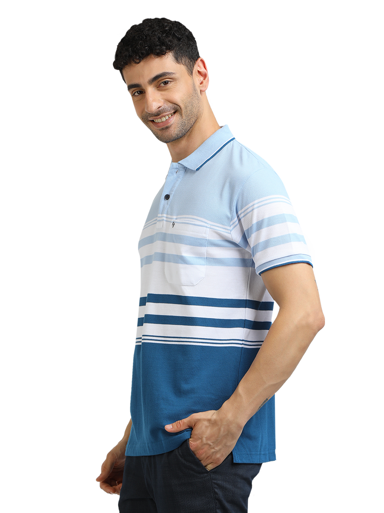 Model wearing Clarke Gable's Light Blue With White Striped Polo Collar T-Shirt in a casual setting