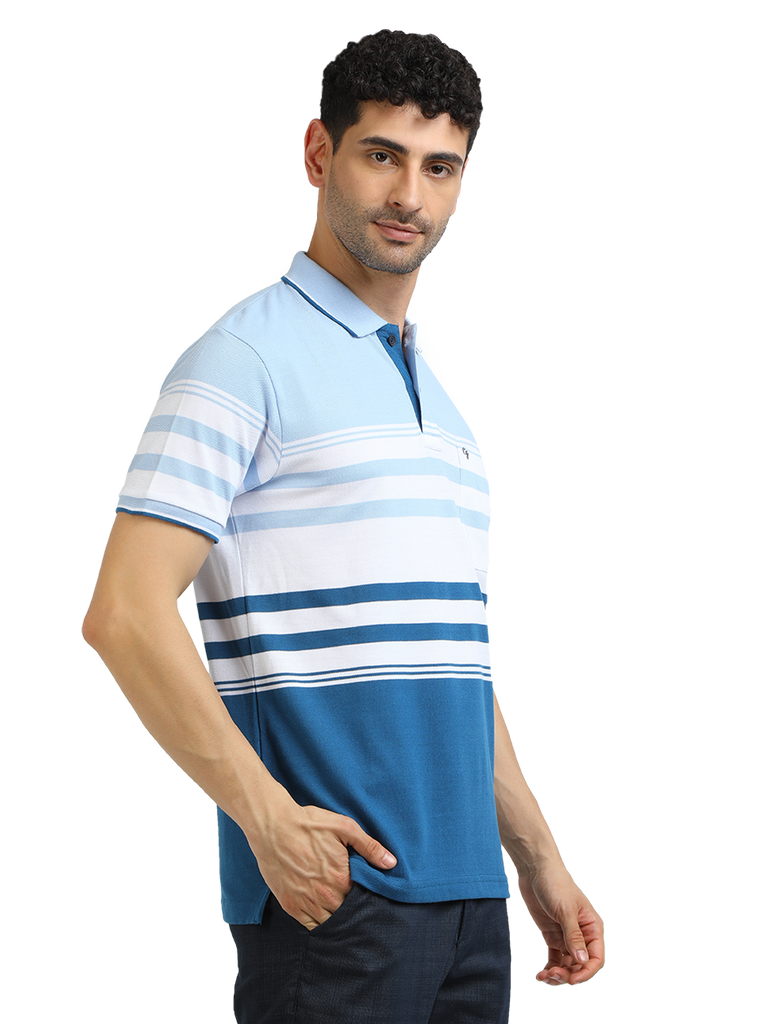 Model wearing Clarke Gable's Light Blue With White Striped Polo Collar T-Shirt in a casual setting