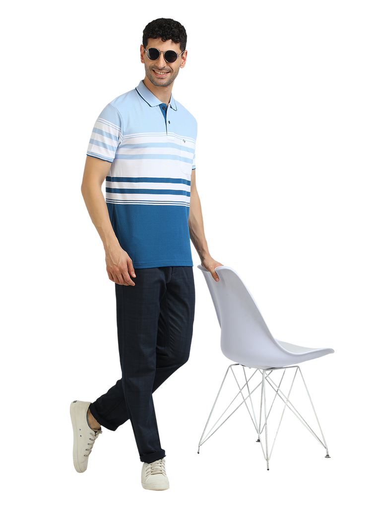 Model wearing Clarke Gable's Light Blue With White Striped Polo Collar T-Shirt in a casual setting