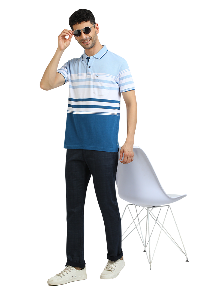 Model wearing Clarke Gable's Light Blue With White Striped Polo Collar T-Shirt in a casual setting