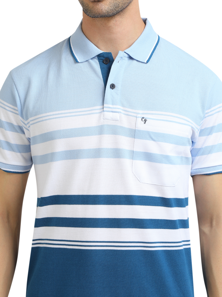 Model wearing Clarke Gable's Light Blue With White Striped Polo Collar T-Shirt in a casual setting