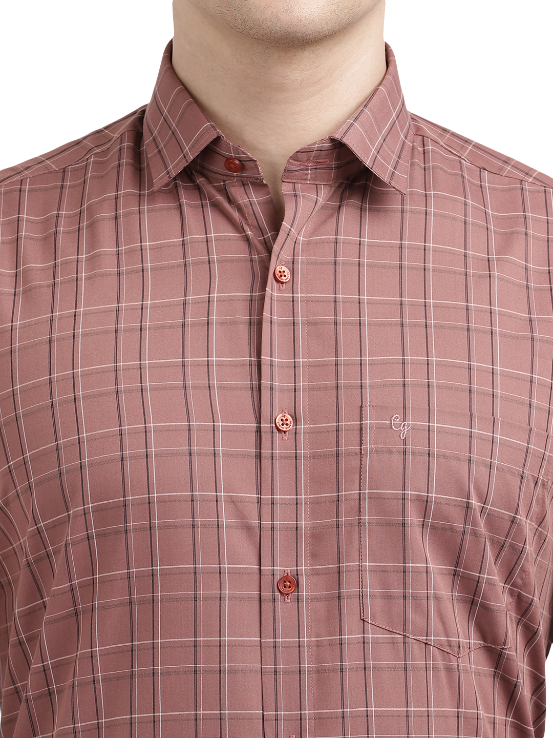 Model wearing Clarke Gable's Light Brown Checked Formal Shirt in a casual setting