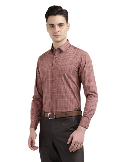 Model wearing Clarke Gable's Light Brown Checked Formal Shirt in a casual setting