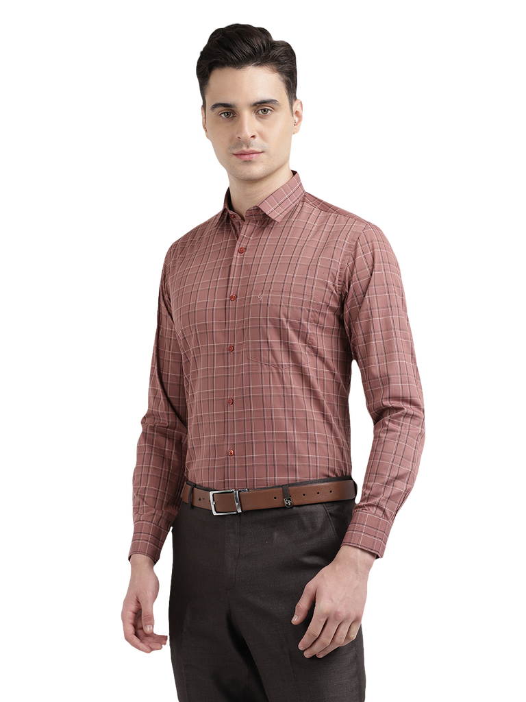 Model wearing Clarke Gable's Light Brown Checked Formal Shirt in a casual setting