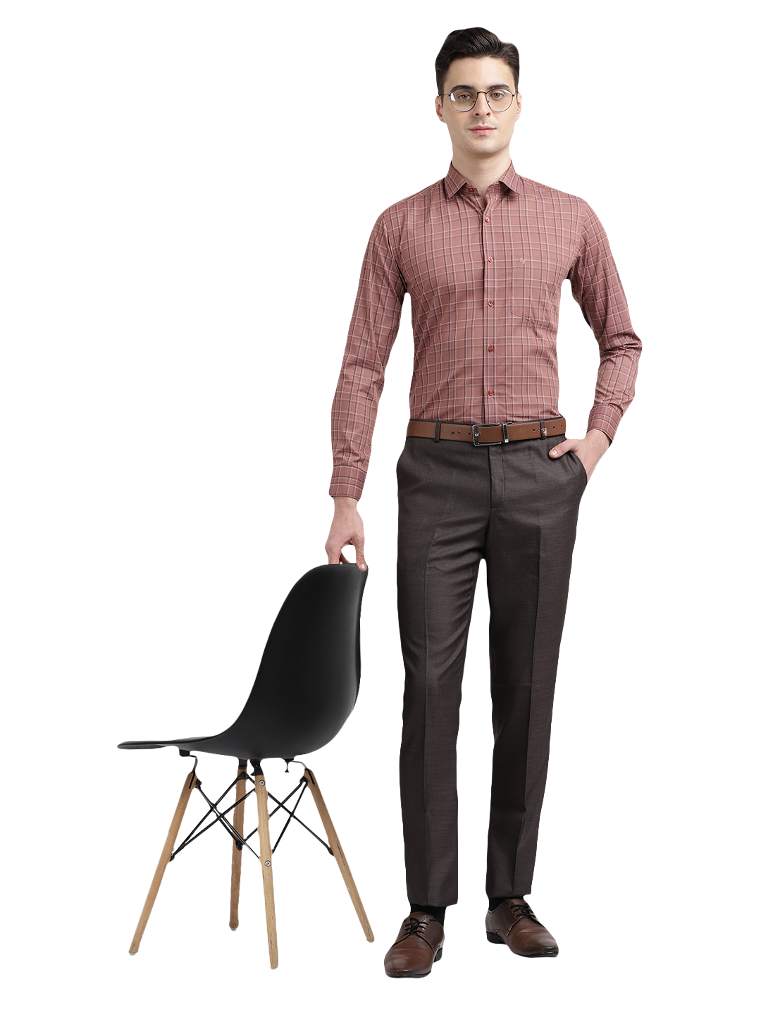 Model wearing Clarke Gable's Light Brown Checked Formal Shirt in a casual setting