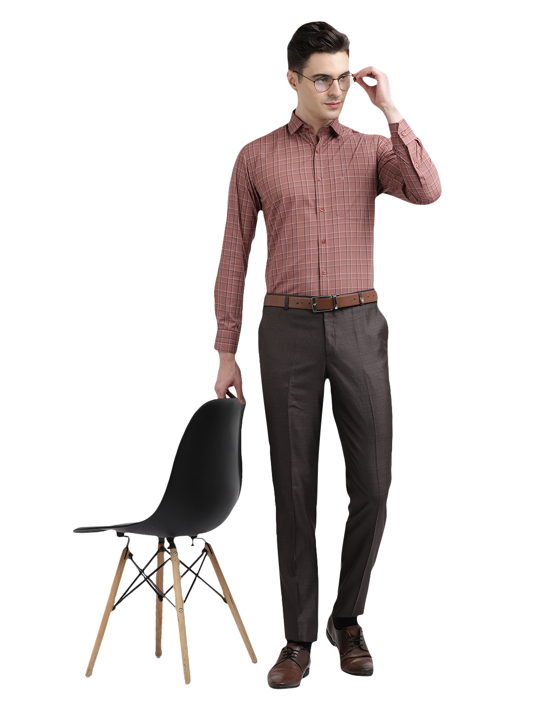 Model wearing Clarke Gable's Light Brown Checked Formal Shirt in a casual setting