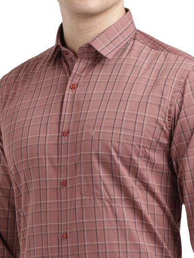 Model wearing Clarke Gable's Light Brown Checked Formal Shirt in a casual setting