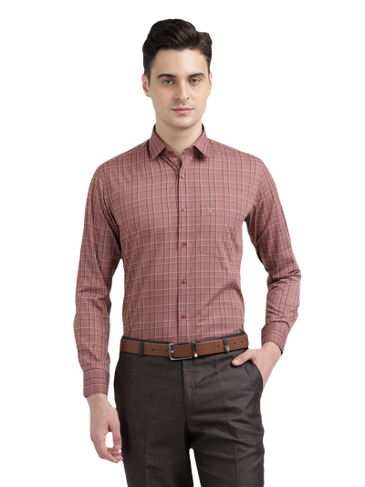 Model wearing Clarke Gable's Light Brown Checked Formal Shirt in a casual setting