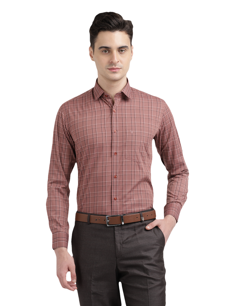 Model wearing Clarke Gable's Light Brown Checked Formal Shirt in a casual setting