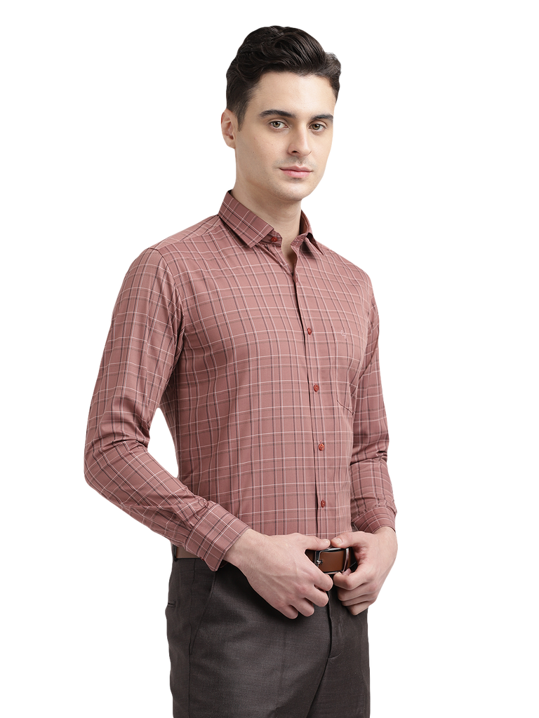 Model wearing Clarke Gable's Light Brown Checked Formal Shirt in a casual setting