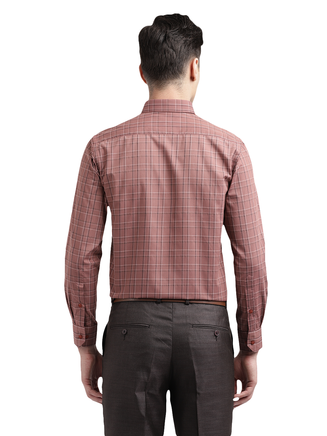 Model wearing Clarke Gable's Light Brown Checked Formal Shirt in a casual setting