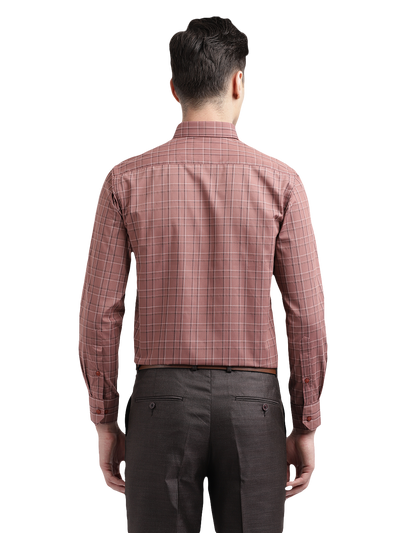 Model wearing Clarke Gable's Light Brown Checked Formal Shirt in a casual setting