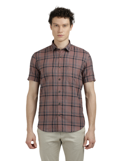 Model wearing Clarke Gable's Light Brown Checked Semi Casual Shirt in a casual setting