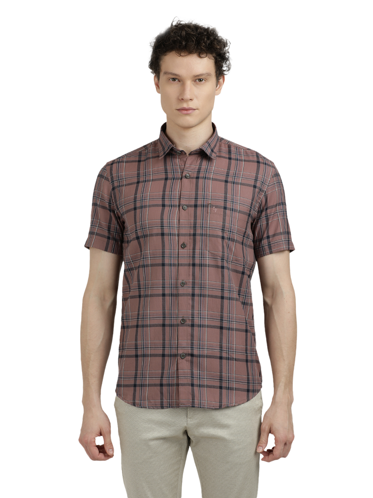 Model wearing Clarke Gable's Light Brown Checked Semi Casual Shirt in a casual setting