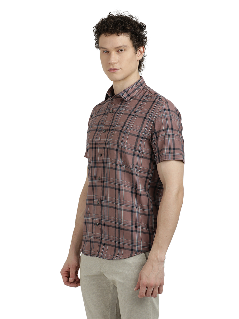 Model wearing Clarke Gable's Light Brown Checked Semi Casual Shirt in a casual setting