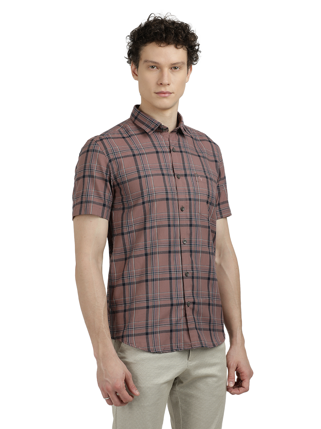 Model wearing Clarke Gable's Light Brown Checked Semi Casual Shirt in a casual setting